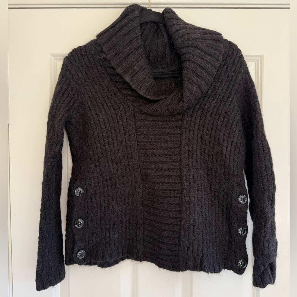 GUESS Acrylic Wool Alpaca Cable Knit Sweater with Cowlneck and Side Buttons